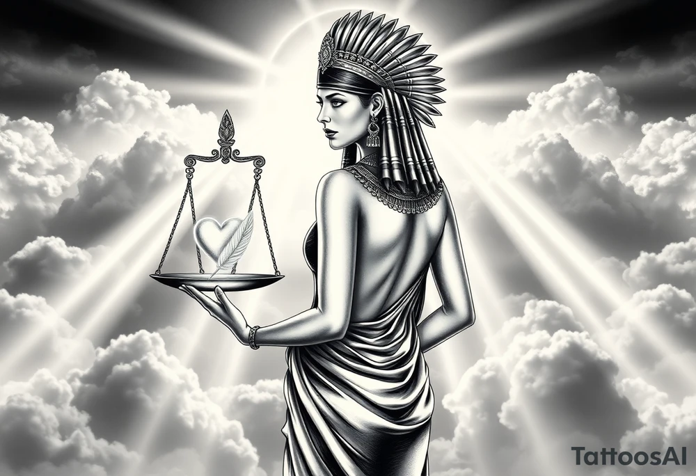 beautiful Egyptian goddess stands with her back slightly turned, accentuating her figure. Wearing a silk gown. She wears an elaborate ostrich feather headdress and ornate, intricate ancient Egyptian jewelry draped across her body. Her expression is mysterious and confident. In one hand, she holds the Scales of Justice: one side holds a radiant, glowing heart; the other, Ma’at’s feather. The scales themselves shimmer with an otherworldly light.
The background is a surreal, heavenly landscape filled with luminous clouds and beams of divine light piercing through, creating dramatic contrasts of deep shadows and highlights. The entire scene is bathed in an ethereal, mystical glow, with a dreamlike, almost supernatural atmosphere. tattoo idea