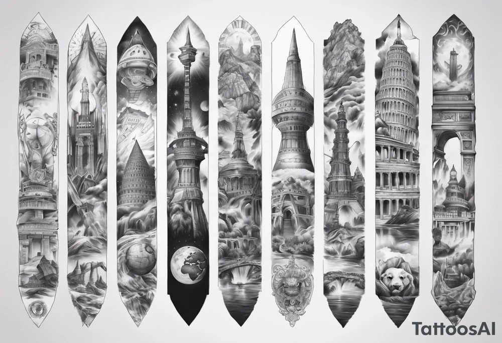 Arm sleeve of the 7 modern wonders of the world tattoo idea