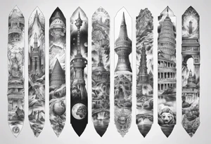 Arm sleeve of the 7 modern wonders of the world tattoo idea