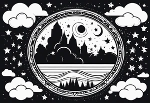 circle vignette frame surrounded by stars clouds tattoo idea