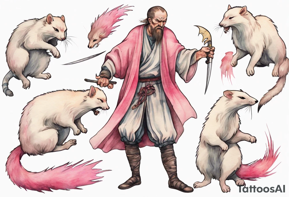 an angry medieval man being attacked by an ermine with pink fur tattoo idea