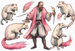 an angry medieval man being attacked by an ermine with pink fur tattoo idea