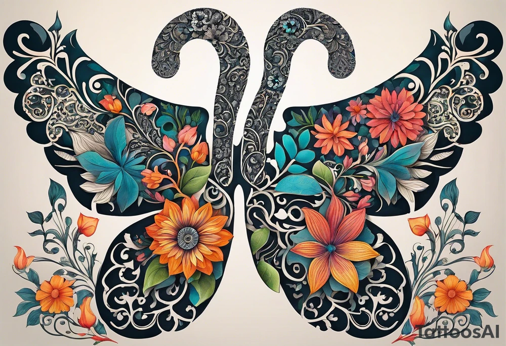 intricate and artistic arrangement of flowers and ornamental patterns that come together to form the shape of human lungs. The design should have a balance of delicacy and detail, with vibrant floral elements seamlessly intertwining to mimic the structure of the lungs, including the bronchi branching into floral motifs. Incorporate subtle shading and depth to give the tattoo a dynamic and organic feel, while maintaining elegance and symmetry, embraced by an octopus and butterflies flying around tattoo idea
