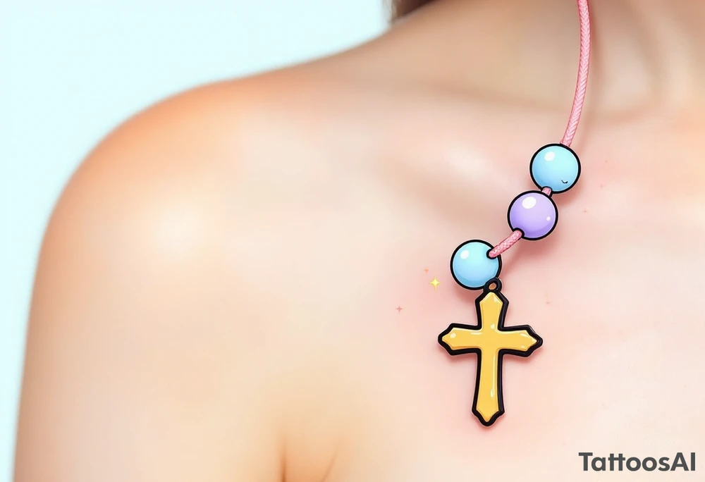 Cheerful cartoon‑style rosary each glossy bead a bright pastel (alternating sky‑blue, mint‑green, and soft lavender), linked by smooth bubble‑gum‑pink cord; the small cross charm at the end is a rounded, chibi‑proportioned golden yellow with a friendly smiley face and tiny sparkles to accent the playful, lighthearted vibe—overall rendered with bold black outlines and subtle cell‑shading for a lively, animated look. tattoo idea