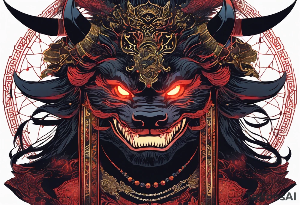 A majestic demon king with devilish features placed above torii gate is depicted in this image. The king's deep-set glowing galaxy-styled large eyes give off an aura of power and mystery. The king's head is acting as dreamcatcher and has braids styled like predator, with 2-3 ending with flame-styled feathers. The king's face is intricately dotted in narsimha/ rudra symbols. The head has a crown shaped blue and orangish flames with intricate and prominent koru maori symbols in the shape of trishul/ trident. The image is filled with vibrant colors, with deep blue, purple, and violet, with bright orange and yellow. This face bust (only face) is atop of a torii gate which is in a brush stroke style, somewhat visible. The king looks regal and powerful. tattoo idea