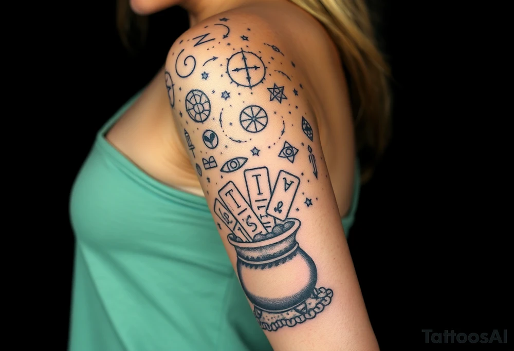 Milky way filled with zodiac symbols runes tarot cards coming out of a cauldron tattoo idea