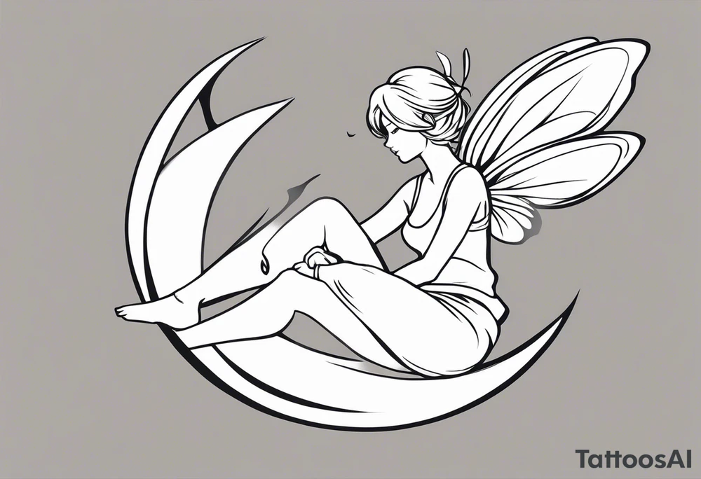 Minimalistic, monochromatic fairy with a tail flying to the left in a fetal position, leaning and looking in the same direction, with visible hands, embodying the 'Fairy Tail' logo aesthetic. tattoo idea