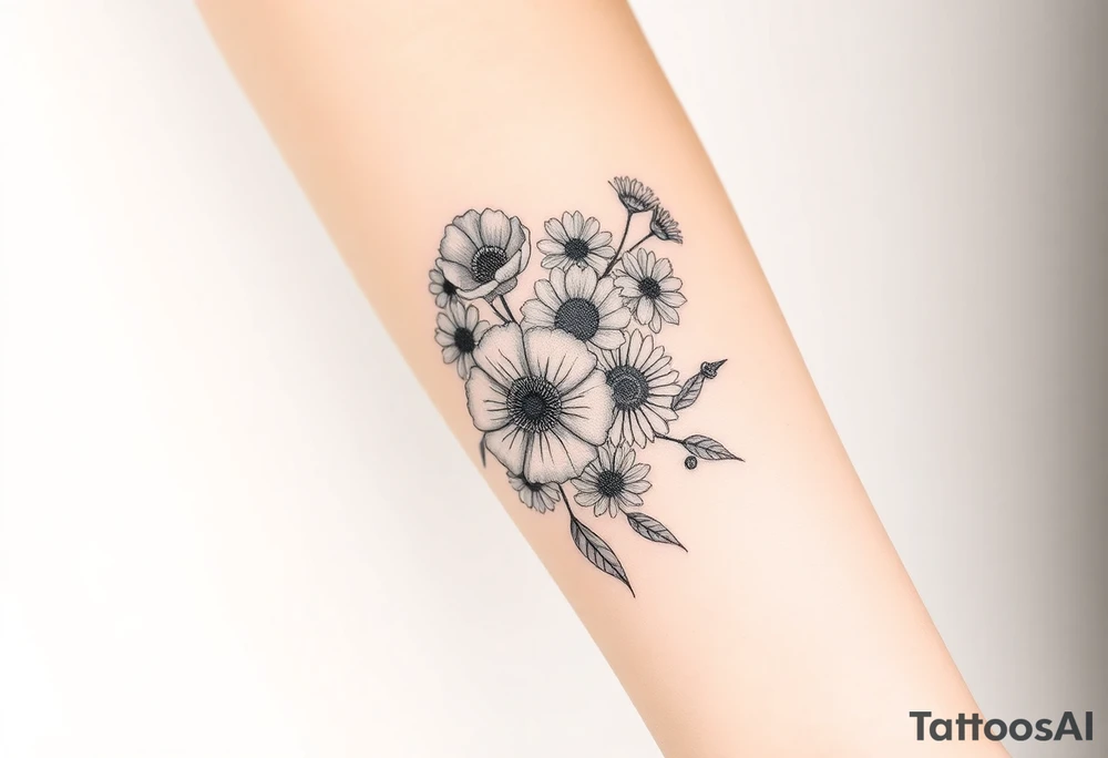 Bouquet of carnation, honeysuckle, poppy, aster and cosmos tattoo idea