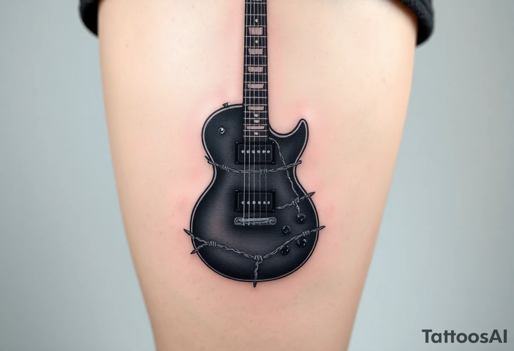 A guitar with barbed wire wrapping around its neck, in shades of dark grey and silver, symbolizing rebellion and strength tattoo idea