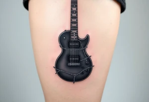 A guitar with barbed wire wrapping around its neck, in shades of dark grey and silver, symbolizing rebellion and strength tattoo idea