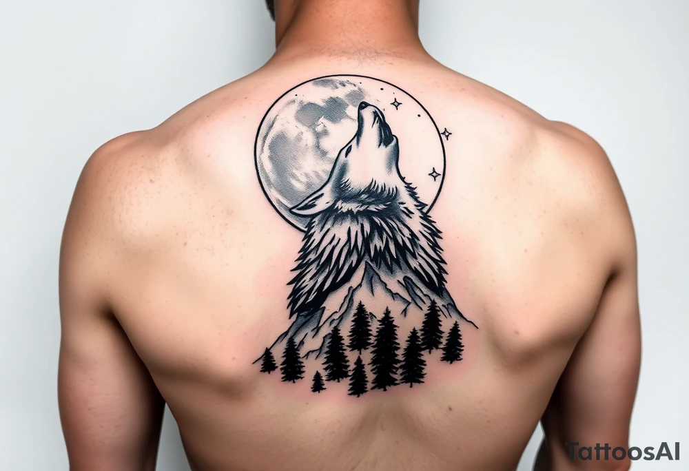 powerful majestic howling wolf to the big moon at the top, add some stars, there should be a mountain at the bottom with trees. the tattoo should on the shoulder. it needs to be very detailed and realistic. tattoo idea