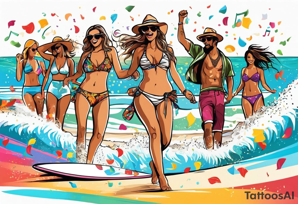 SURFING SAFARI BEACH DANCE 
PARTY WITH CONFETTI AND MUSIC NOTES, TROPICAL DRINKS, SEXY BIKINIS tattoo idea