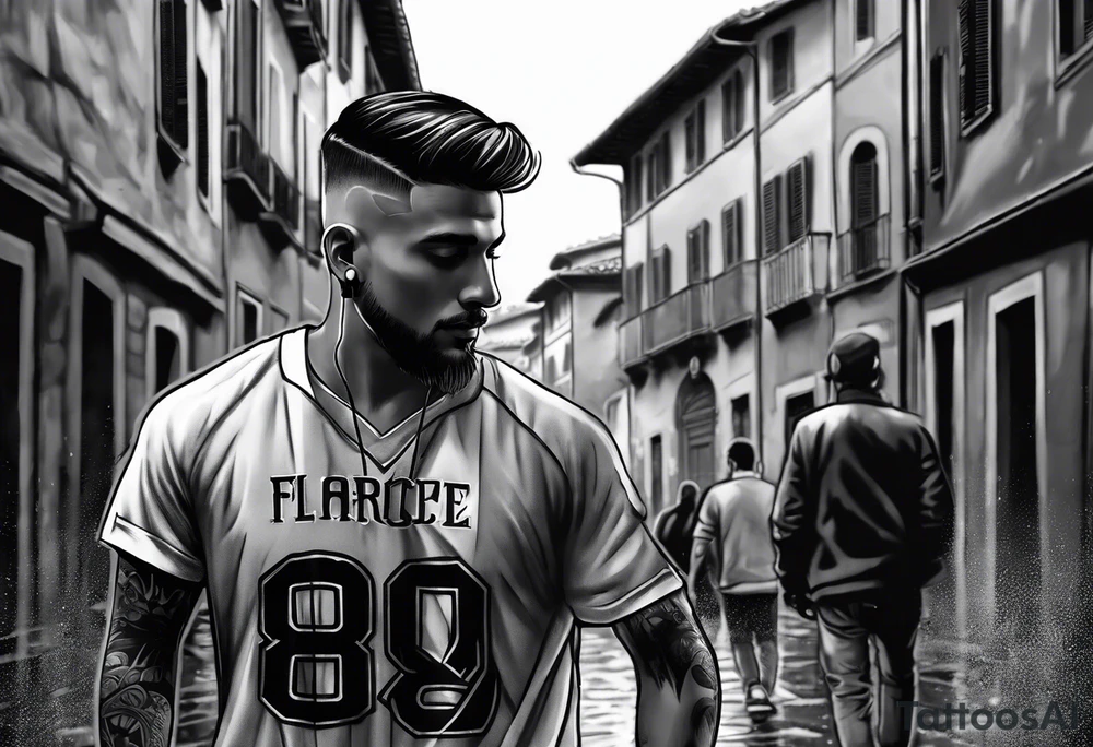 Guy dribbling with number 8 jersey through the streets of florence/naples in the rain with headphones in his ears creating notes that end up in the clouds tattoo idea