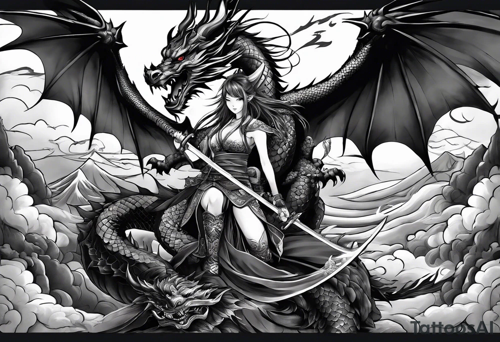 warrior beautiful fairy with a full body holding a sword and a full dragon and the background will be mountains, clouds, and a Japanese building tattoo idea