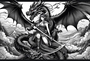 warrior beautiful fairy with a full body holding a sword and a full dragon and the background will be mountains, clouds, and a Japanese building tattoo idea