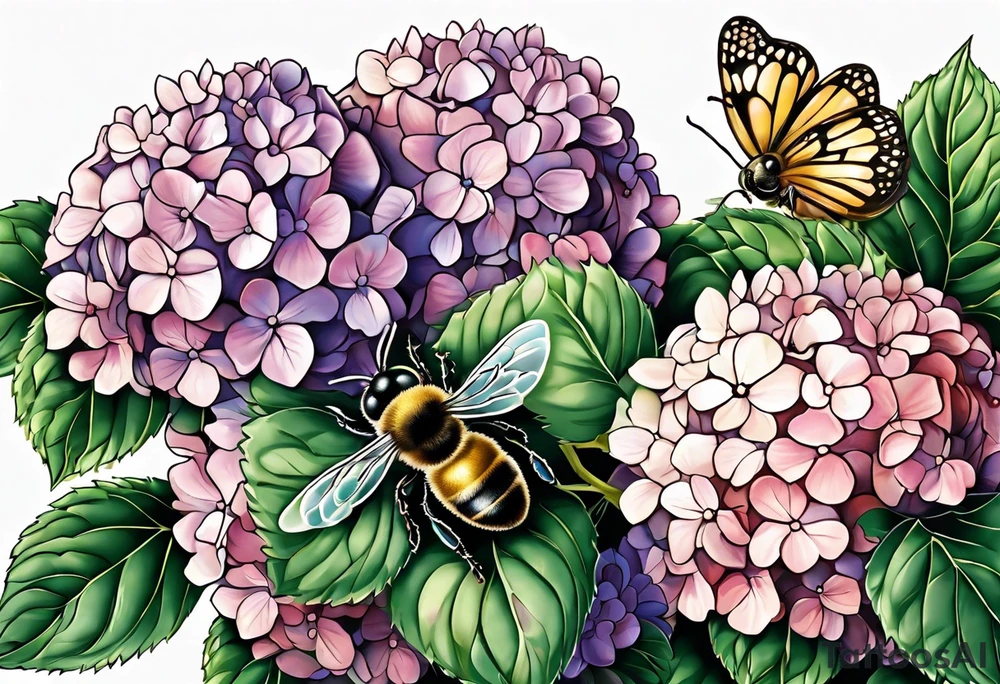 Small tattoo. There’s a hydrangea and a bee but they are not touching. Make the bee smaller than the hydrangea and have the bee off to the side. Bee is smaller than the hydrangea tattoo idea