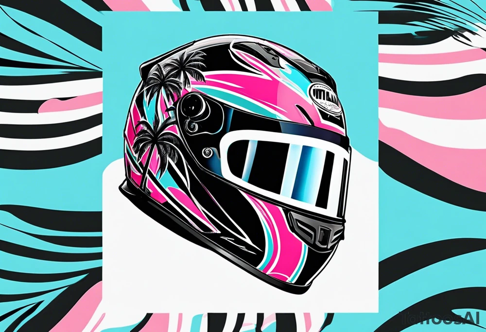 Formula 1 helment with the Miami name a palm tree and light blue black and pink colors 3/4 view tattoo idea