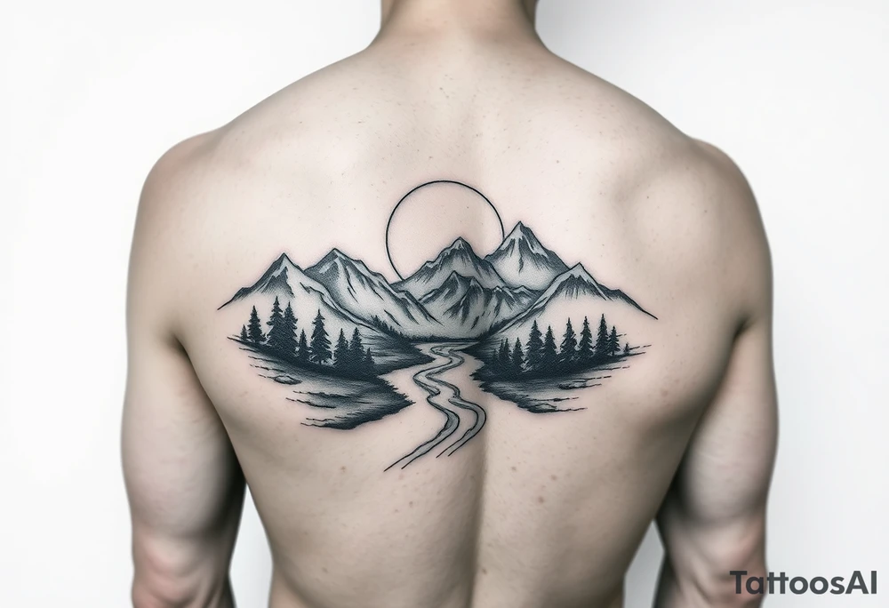mountains with river and sunset upper arm tattoo tattoo idea mountains with river and sunset upper arm tattoo tattoo idea