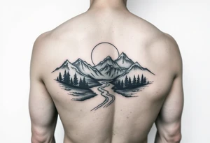 mountains with river and sunset upper arm tattoo tattoo idea