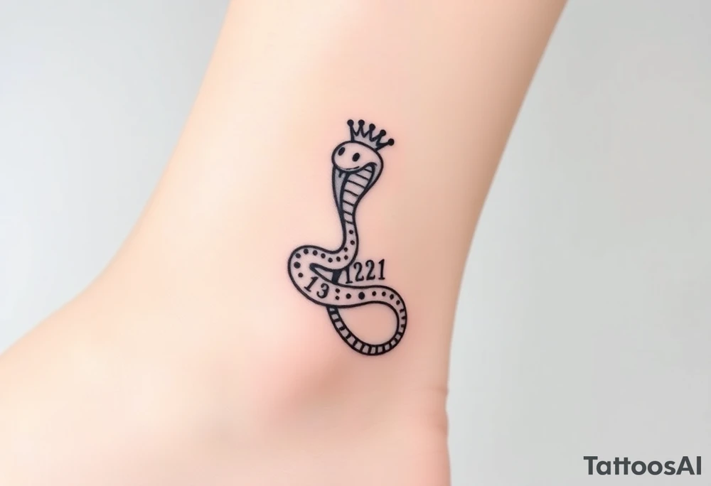 I want a small simple silhouette lines black and white wrist princess like girl snake tattoo that has number 12821 on its body along and also I want it to represent feminine energy crown queen Cycle tattoo idea