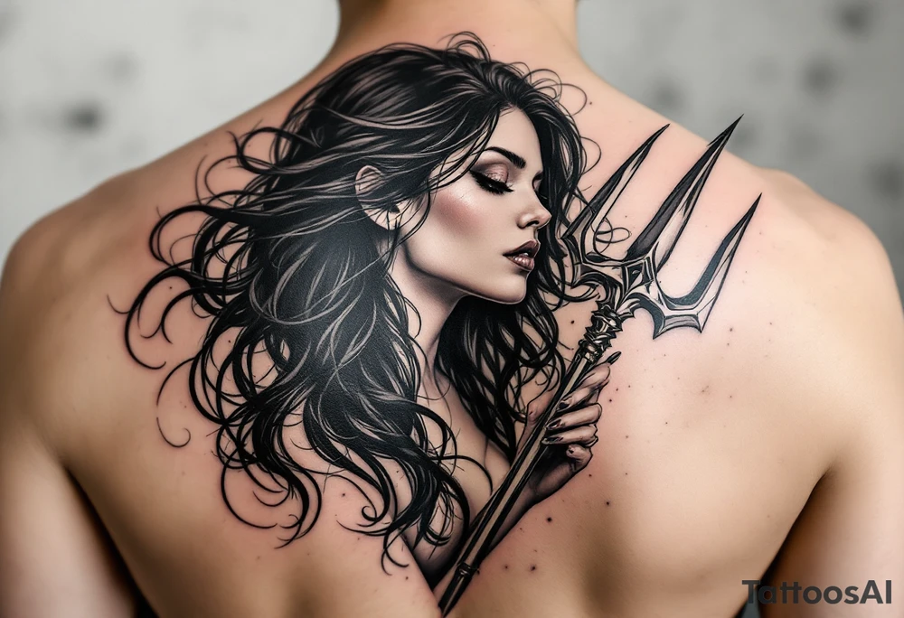 nude woman with black hair behind trident tattoo idea