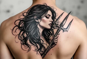 nude woman with black hair behind trident tattoo idea
