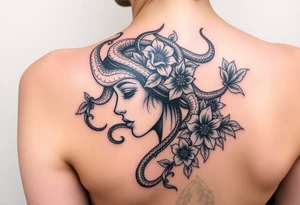 Side of Medusas face with snakes and flowers tattoo idea