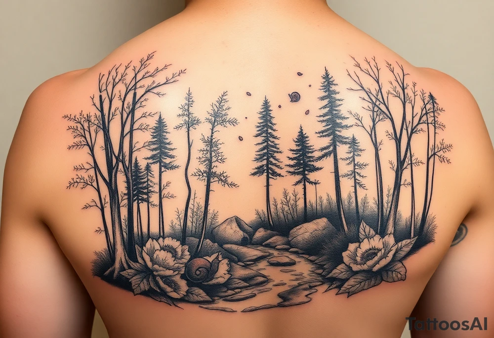 colorful fall themed womans sleeve forest, trees, falling leaves and rain, a small snail or two, a creek and some fall themed flowers as filler tattoo idea