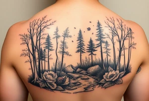 colorful fall themed womans sleeve forest, trees, falling leaves and rain, a small snail or two, a creek and some fall themed flowers as filler tattoo idea