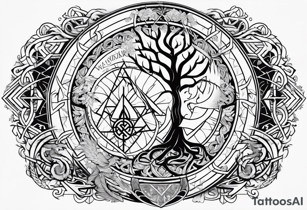 Viking Vegvisir with phoenix wings around it, Viking Valknut, tree of life with roots tattoo idea
