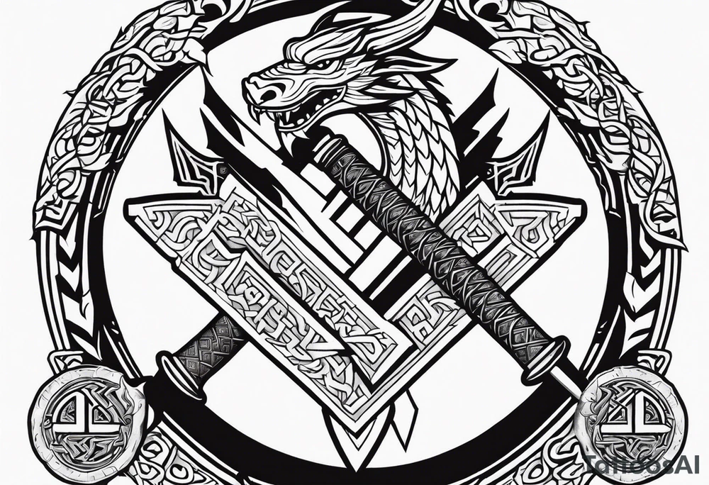 Valhalla sword shield dragon axe Valknut tattoo idea