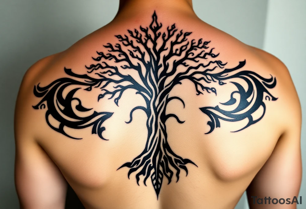 extravagant sacred nnative tree of life who roots rdrive deep into mother eart who has a faceless sillowet of grandmother tattoo idea