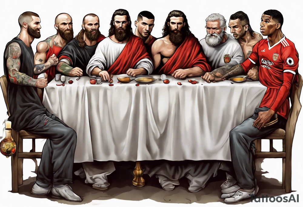 Rooney, Ronaldo, Best, Charlton, Cantona and Rashford at the Last Supper tattoo idea