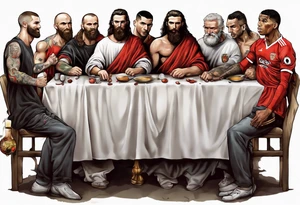 Rooney, Ronaldo, Best, Charlton, Cantona and Rashford at the Last Supper tattoo idea