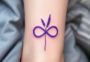 An infinity symbol intertwined with a lavender stem, with a soft ombré effect blending from violet to pastel pink. tattoo idea