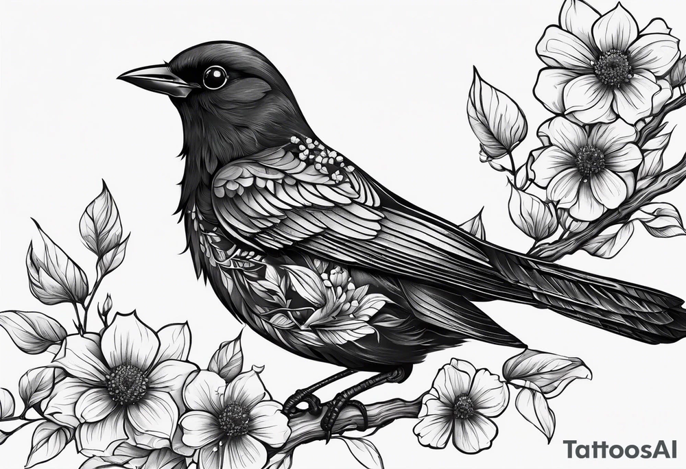 Black bird with its wings open about to fly on a branch with flowers tattoo idea