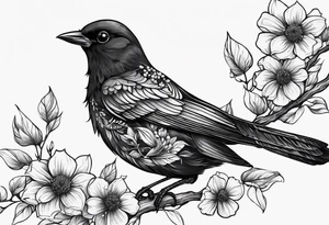 Black bird with its wings open about to fly on a branch with flowers tattoo idea