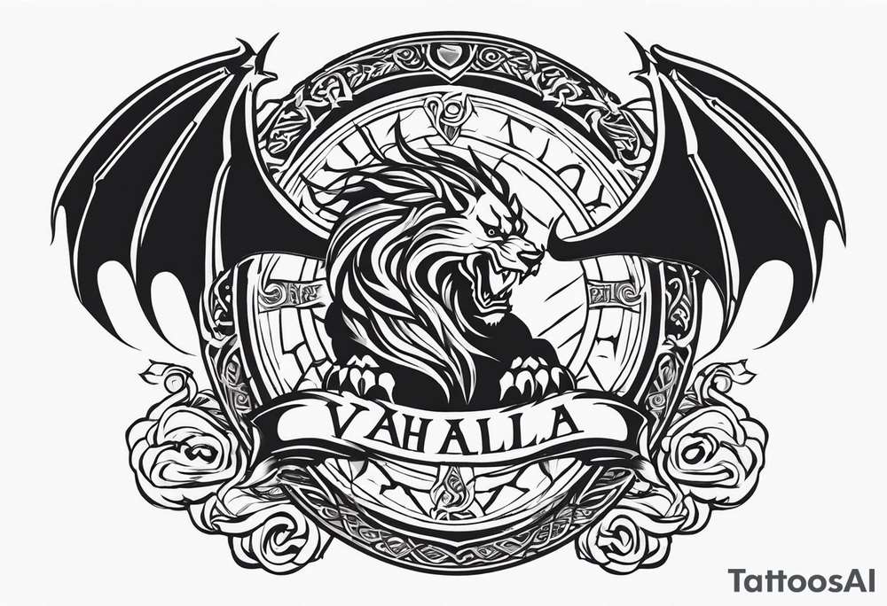 Valhalla sword shield dragon lion tattoo idea