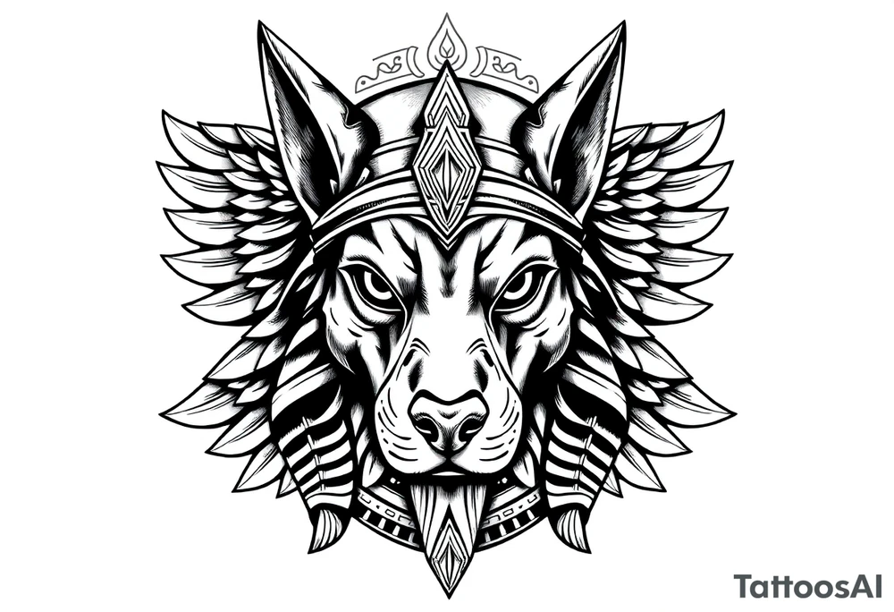 Egyptian Anubis god face muscle in Egypt style  with mantle on head with empty eyes 

dog face surrounded Egyptian symbols based on elements tattoo idea
