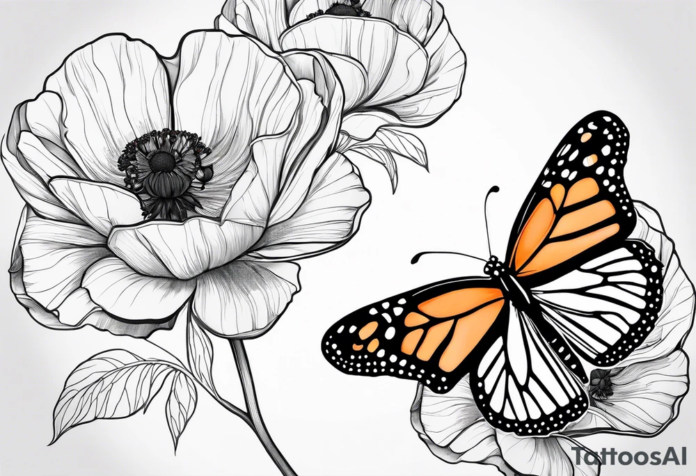 A black and white, fine line tattoo design of a monarch butterfly with poppy flowers inside the top wings. The butterfly has clean lines, and the poppies are delicately integrated within the wings. The bottom wings are simple. The overall style is elegant and refined, focusing on the graceful fusion of the butterfly and flowers. I don’t want flowers outside of the butterfly’s wings and the top wing should only be used as an outline for the flowers inside tattoo idea