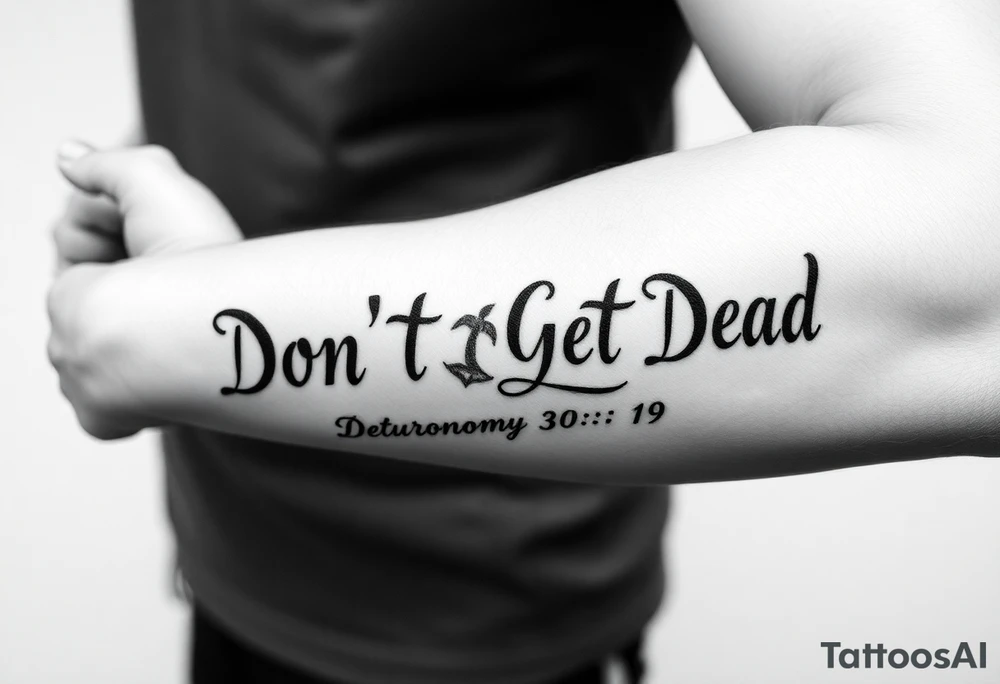 I want a cool design that includes the words “Don’t Get Dead” and includes the scripture reference Deuteronomy 30:19. Also I want something representing each of the 4 members of my family. tattoo idea
