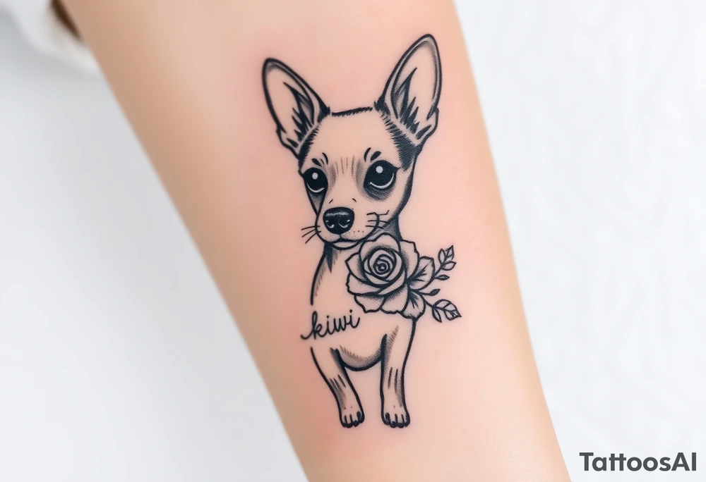 Cute female Brindle dog with the name kiwi . And a tiny rose around her . With her ears pointy a little big tattoo idea