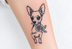 Cute female Brindle dog with the name kiwi . And a tiny rose around her . With her ears pointy a little big tattoo idea