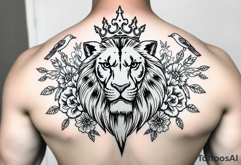 powerful majestic lion with a crown, surrounded by floral ornaments and birds tattoo idea