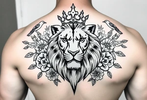 powerful majestic lion with a crown, surrounded by floral ornaments and birds tattoo idea