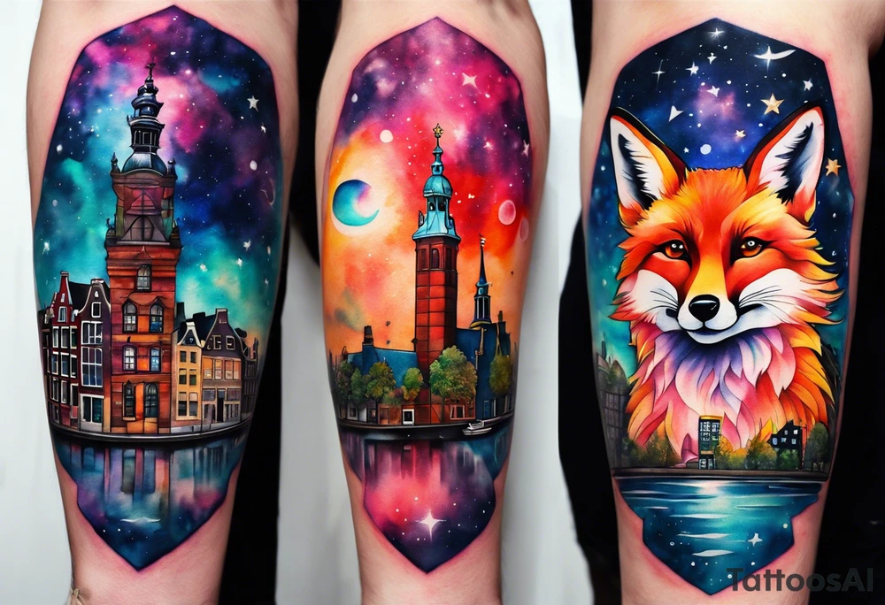 Arm tattoo, Animals, birds, stag, fox, watercolour of animals made from glass in Amsterdam featuring Amsterdam buildings and Amsterdam canal in galaxy colours featuring pineapples as space colours, galaxy colours, night sky, pineapples tattoo idea