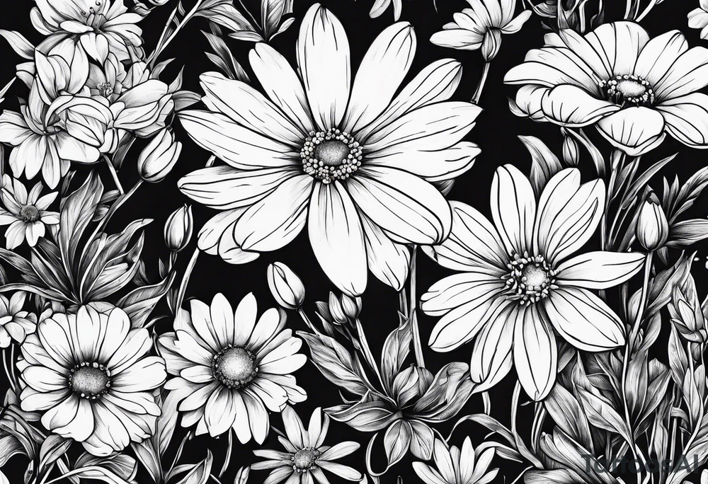 Daisy honeysuckle cosmos snowdrop tattoo idea