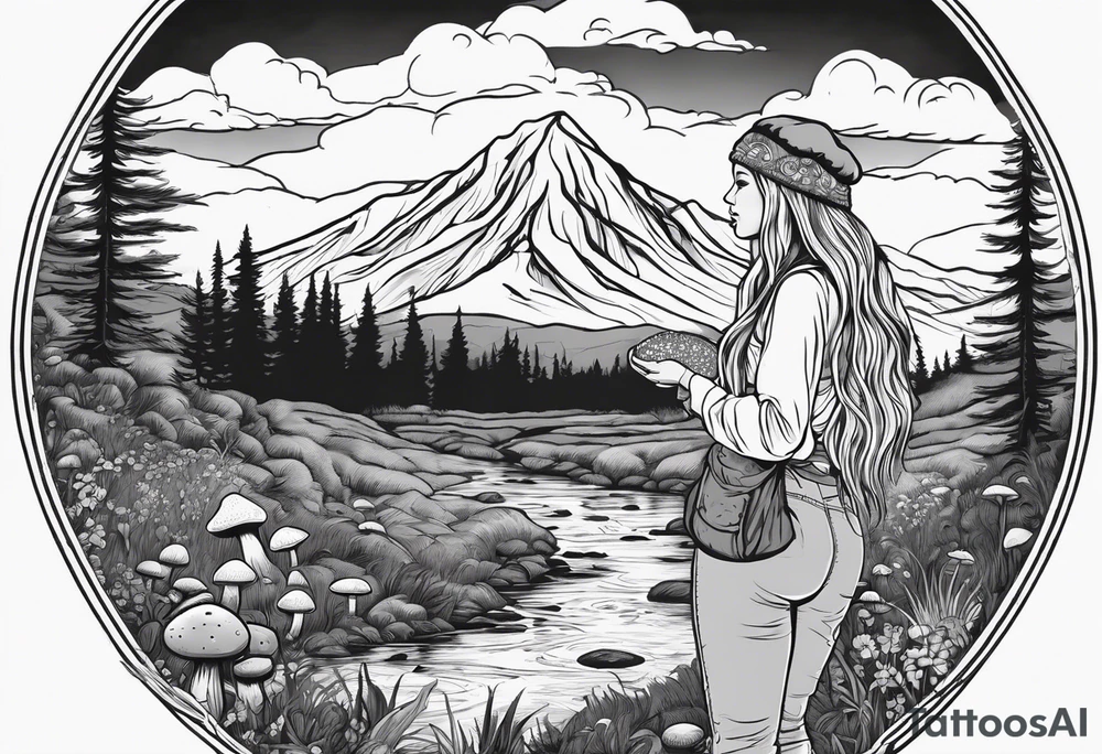 Whole picture encircled fully

Straight long blonde hair hippie girl in distance holding mushrooms in hand facing away toward mountains and creek surrounded by mushrooms long sleeve shirt and hiking pants; whole rendering within a full circle, no cut off circle tattoo idea