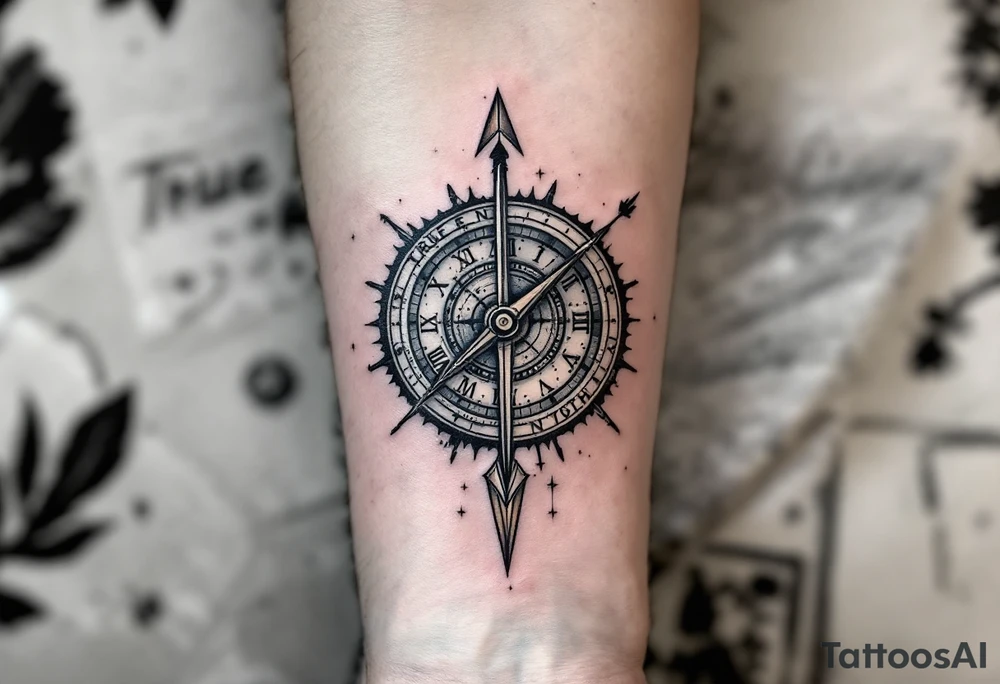 Rustic half compass half clock with and long native American arrow pointing at my wrist with the words “True North” tattoo idea