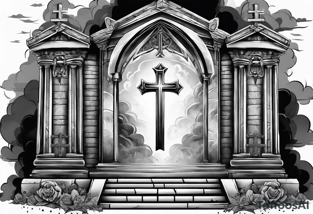 Christian tomb with crosses and smoke tattoo idea